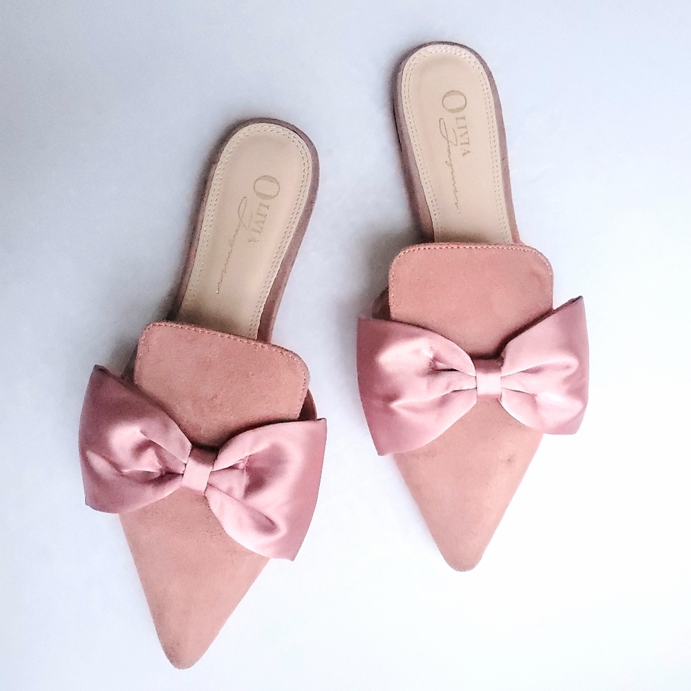 Olivia Ferguson Blush Pink Pointy Toe Mules w/ Bow